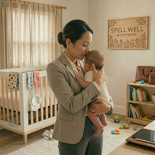 A mother holding her baby in a nursery room, representing the infant and toddler program at Spell Well Montessori School in Spring, Texas.